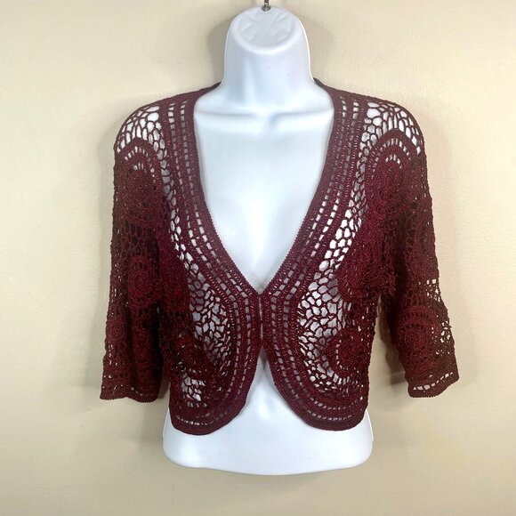 Vintage Y2K Zashi Whimsigoth Fairy Grunge Crochet Bolero Sweater Large Burgundy - Picture 1 of 9